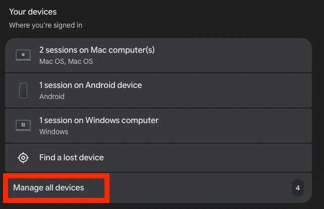 screenshot showing where to find "Manage all devices" in your google account
