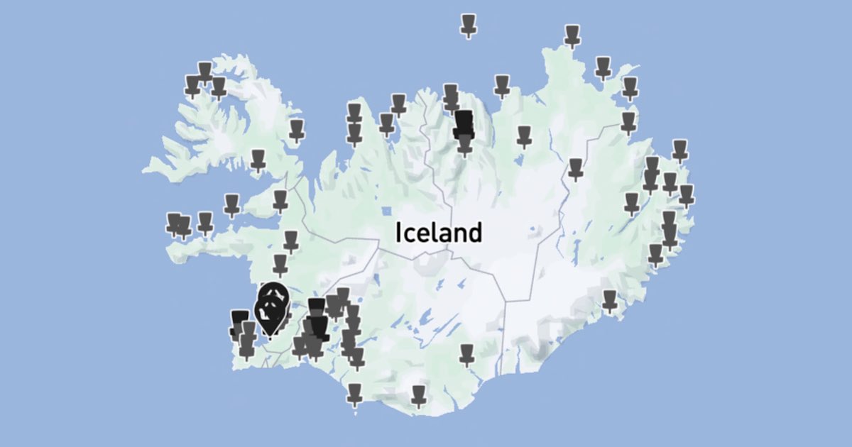 Iceland map with disc golf baskets indicating course locations