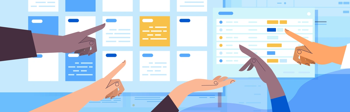 Vector graphic of multiple hands pointing at a Kanban board with various task cards during a team meeting or planning session.