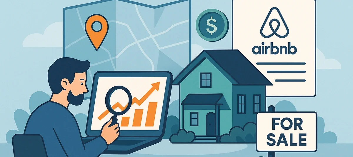 llustration of an investor analyzing a property on a laptop with revenue charts, alongside a house for sale, map location marker, and money icon, symbolizing how to find profitable Airbnb investment properties.