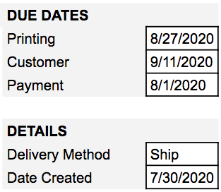 Due date fields for a screen printing quote.