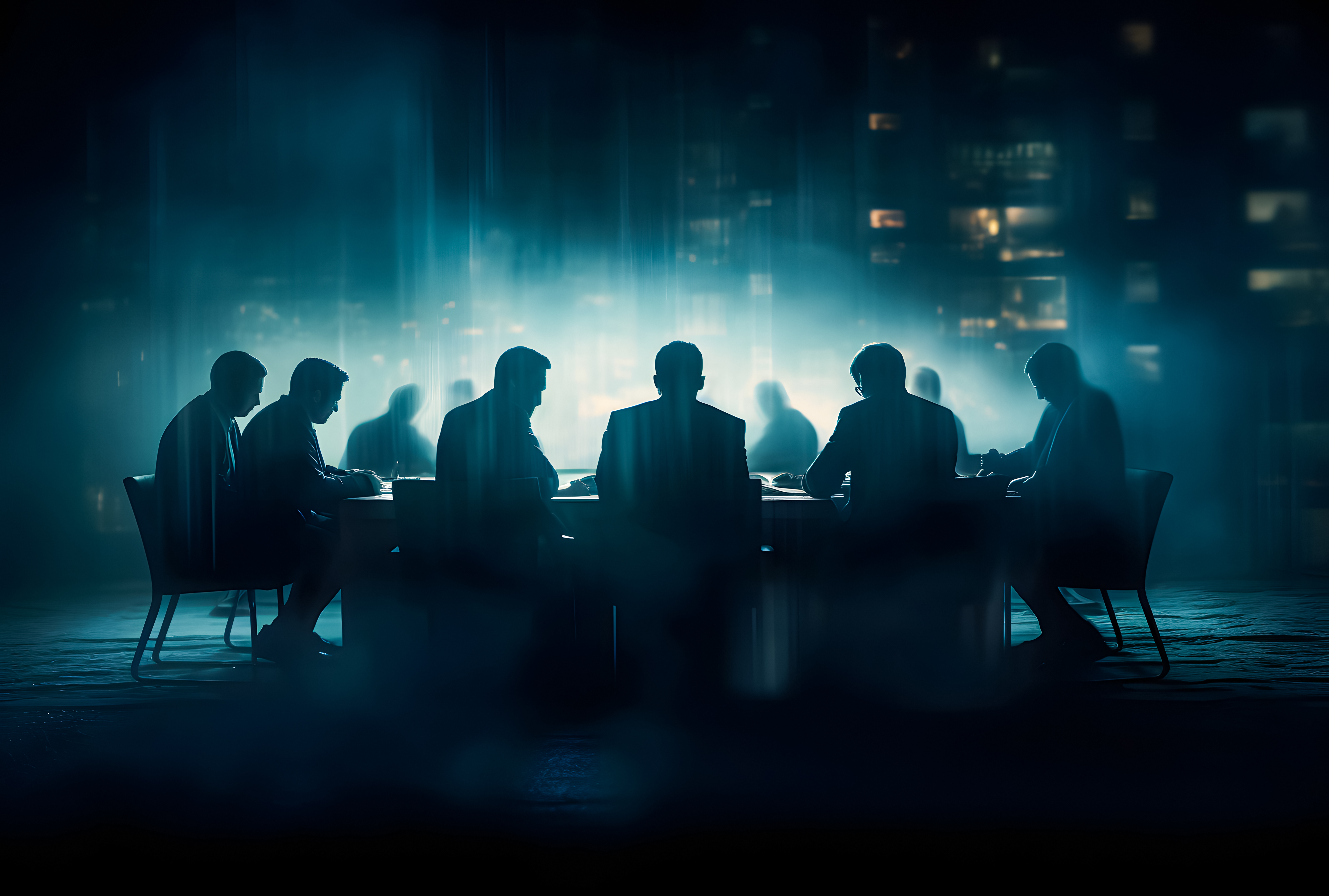 Silhouettes of business professionals in a dimly lit meeting room, engaged in a strategic discussion with a cityscape backdrop.