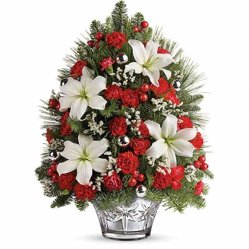 White lily red berry mini live Christmas tree deliveries