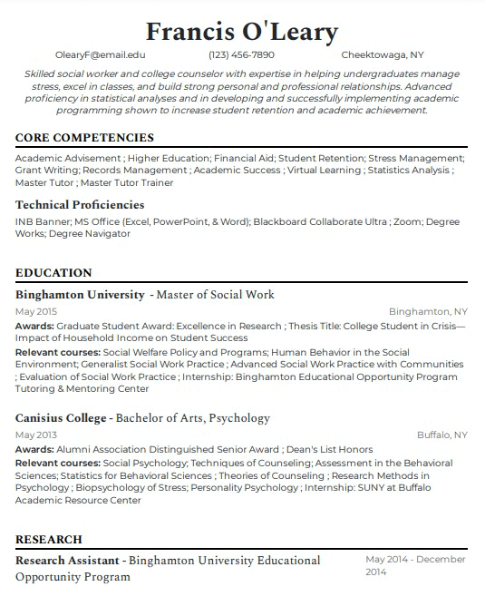 Academia CV with core competencies and education