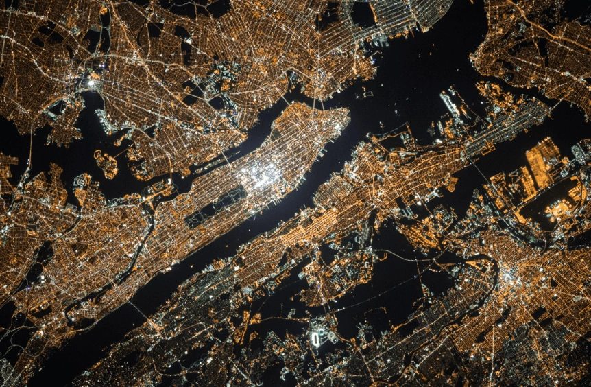 Satellite photo of a large city at night