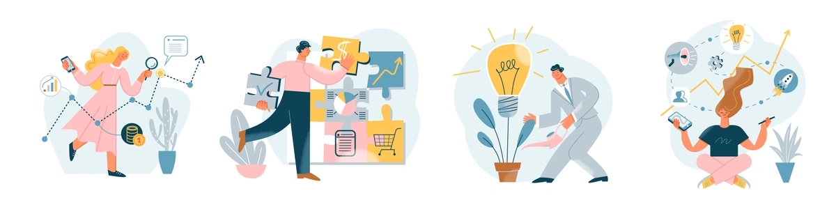consists of four separate illustrations depicting different aspects of business and creative thinking. From left to right: a woman interacts with charts and data on her mobile device, a man organizes workflow at a computer, another man nurtures a lightbulb plant symbolizing growth of ideas, and a woman sits surrounded by social and digital media icons, representing connectivity and digital presence.