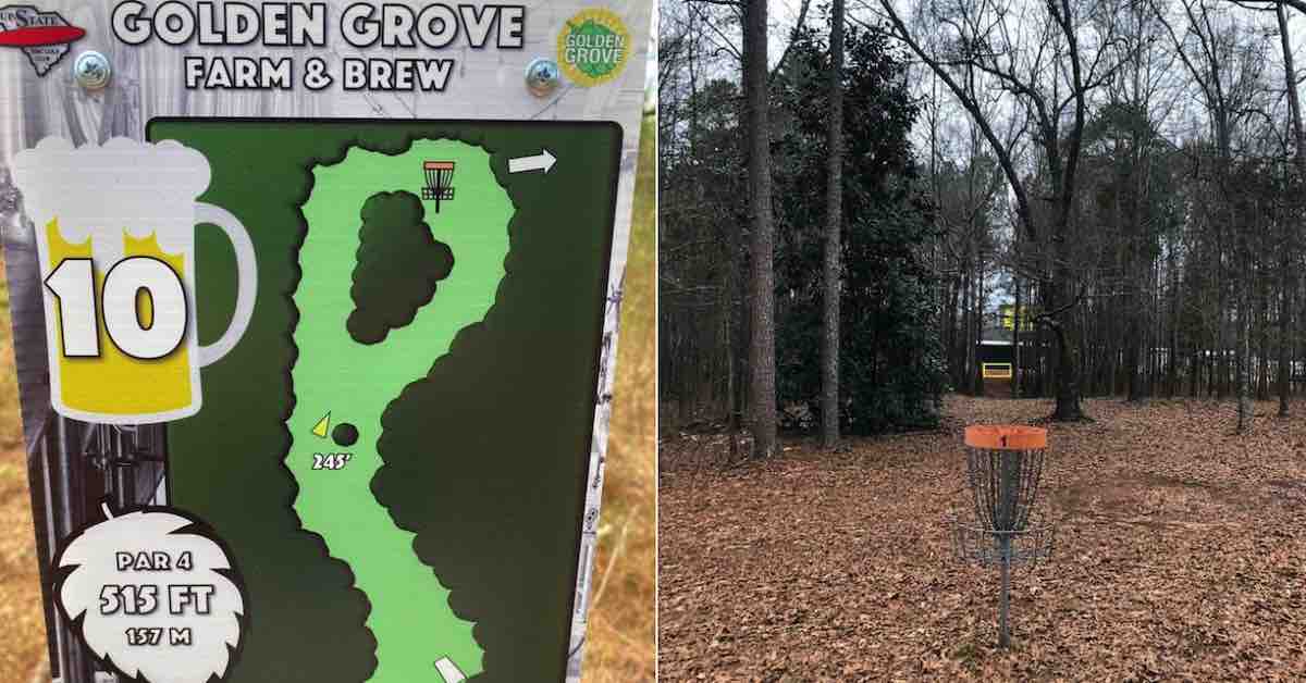Two photos: One of a disc golf tee sign with hole number in a cartoon beer stein. Second of a disc golf basket in a wooded area