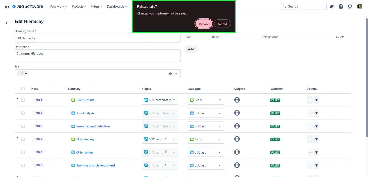 A screenshot of the Jira Software interface with an "Edit Hierarchy" page open, displaying a list of HR tasks such as Recruitment, Job Analysis, and Training and Development. A pop-up warning about unsaved changes with options to "Reload" or "Cancel" is visible.