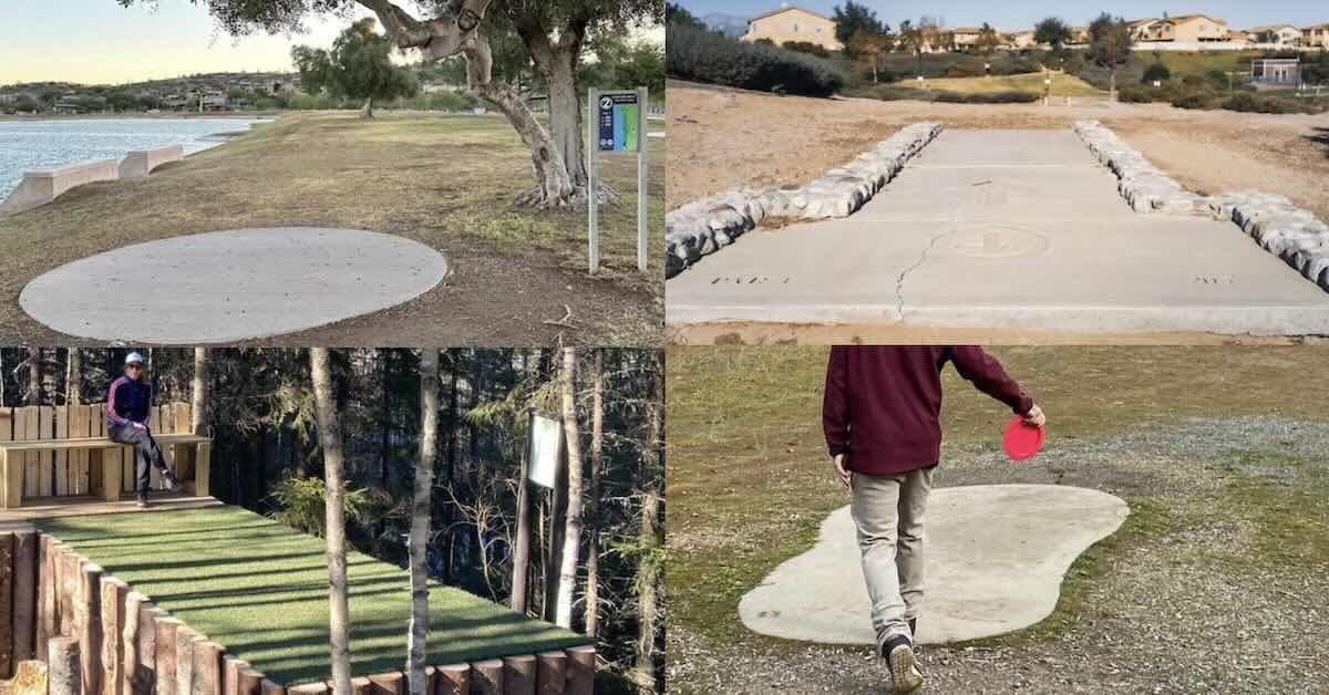 Four photos of disc golf tee pads of different shapes and sizes