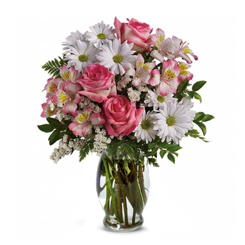 hot pink roses and white daisies bouquet in glass vase