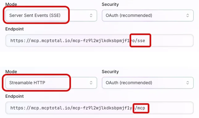 Examples of settings in examples of the mode settings in the connector server dialogue highlighting the service and event and stream all HTTP mode highlighting how these affect the end point value by adding SSEN