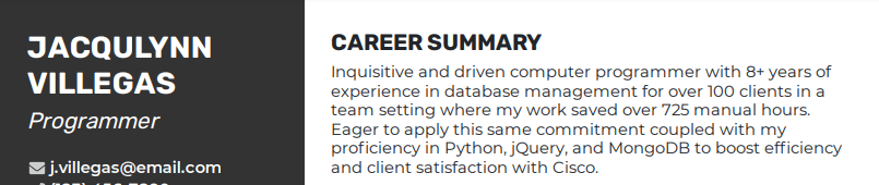A resume summary for a programmer with 8+ years of experience