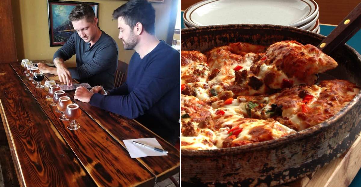 Two images. Left: Two men with flights of beer. Right: A pizza in a pan.