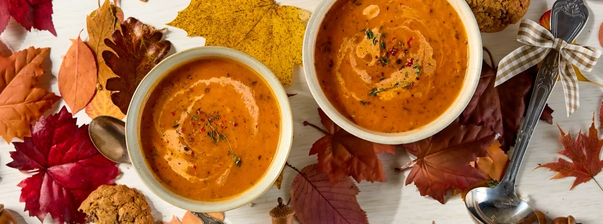 Two bowls of creamy orange soup garnished with herbs, surrounded by autumn leaves and seasonal decorations on a table.