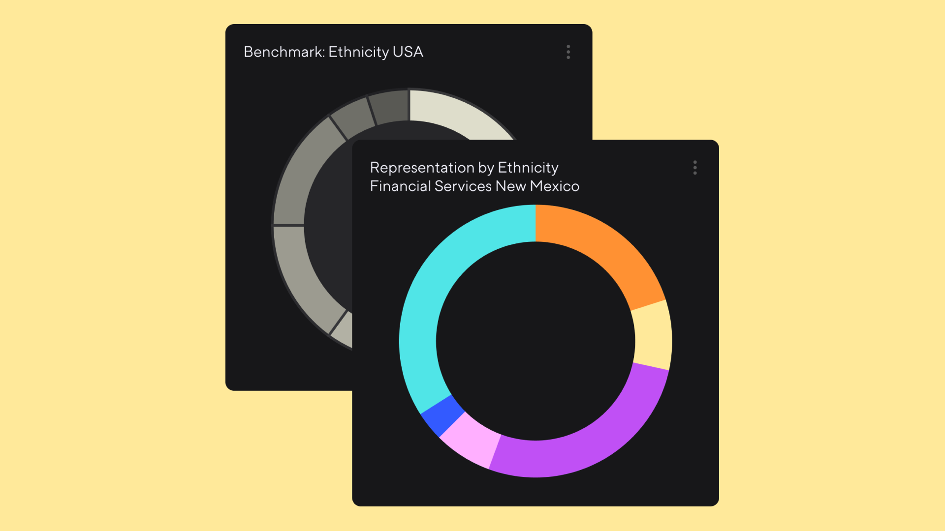 Two overlaid donut graphs. The chart in the background, with graph segments in shades of gray, is titled Benchmark: Ethnicity USA. The chart in the foreground, with graph segments in a range of bright colors, is titled Representation by Ethnicity Financial Services New Mexico.