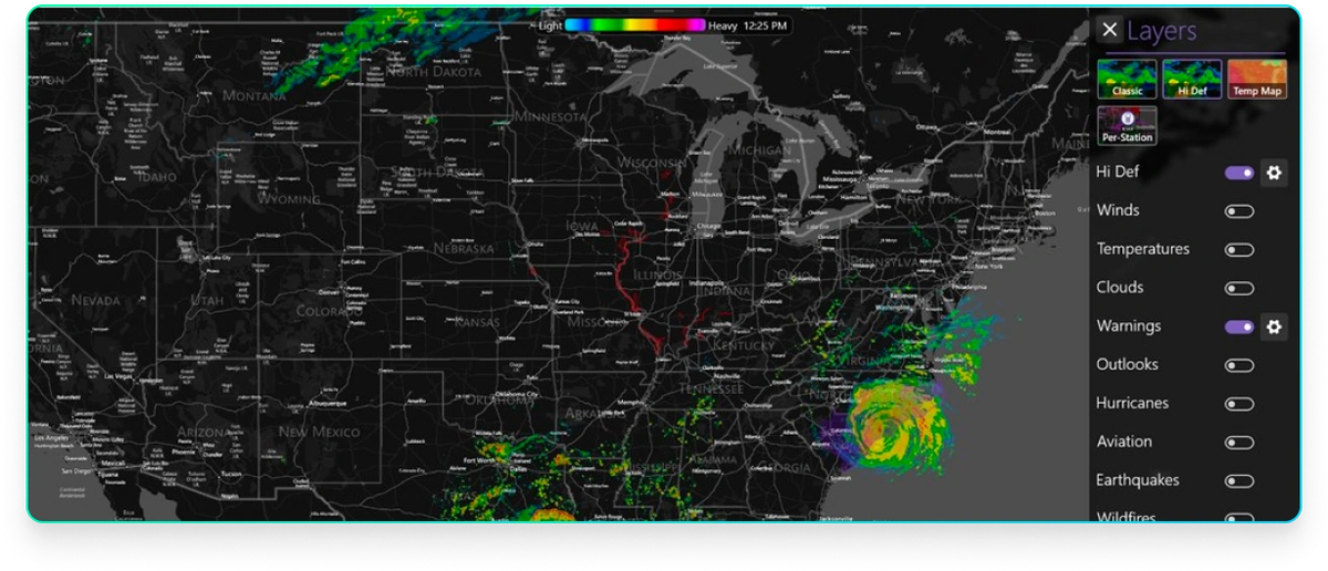 Screenshot of MyRadar Windows app with Layers panel open