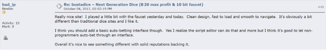 Bustdice review on bitcointalk forum