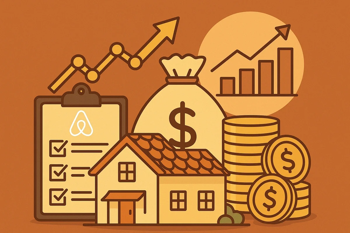 A flat-style illustration showing an Airbnb property surrounded by a clipboard, coins, a money bag, and charts with upward-trending arrows, symbolizing strategies to maximize profit and revenue.