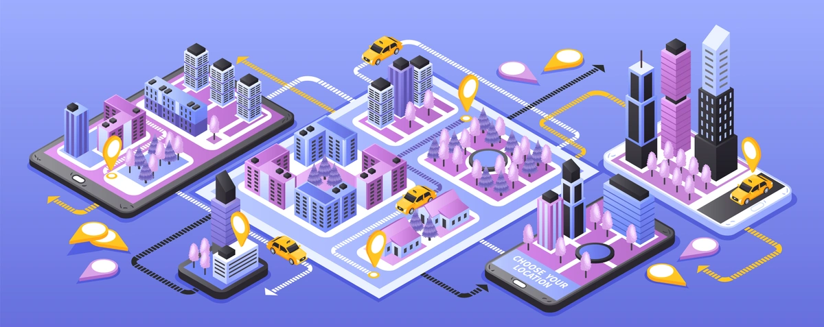 An isometric illustration showing a cityscape with buildings on smartphone screens, representing a location-based or navigation app.