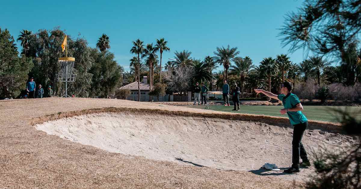 A sand trap putt at the Las Vegas Challenge disc golf tournament
