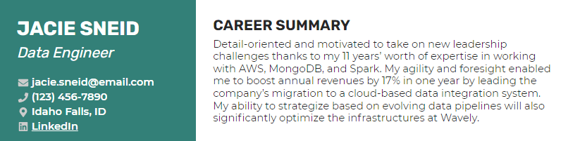 A resume summary for a data engineer with 11 years of experience