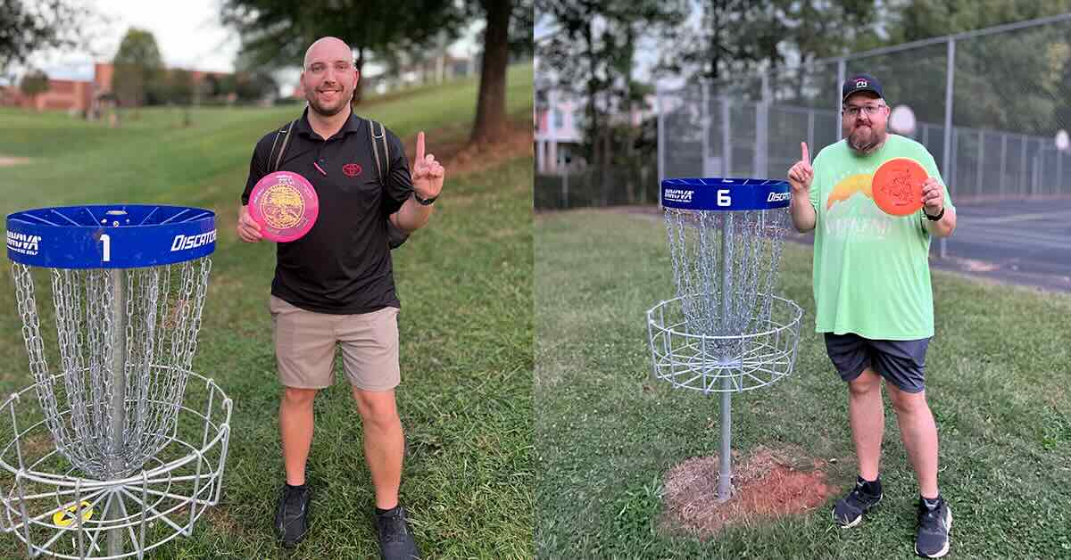 Two photos, both of men standing next to disc golf baskets indicating aces with holding up one finger