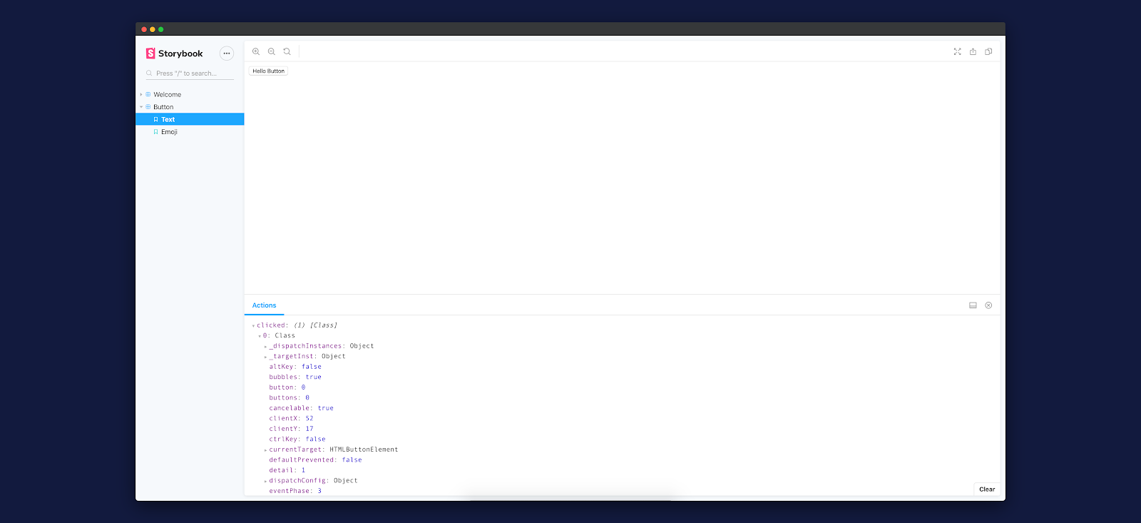 Screenshot: storybook app on local with button