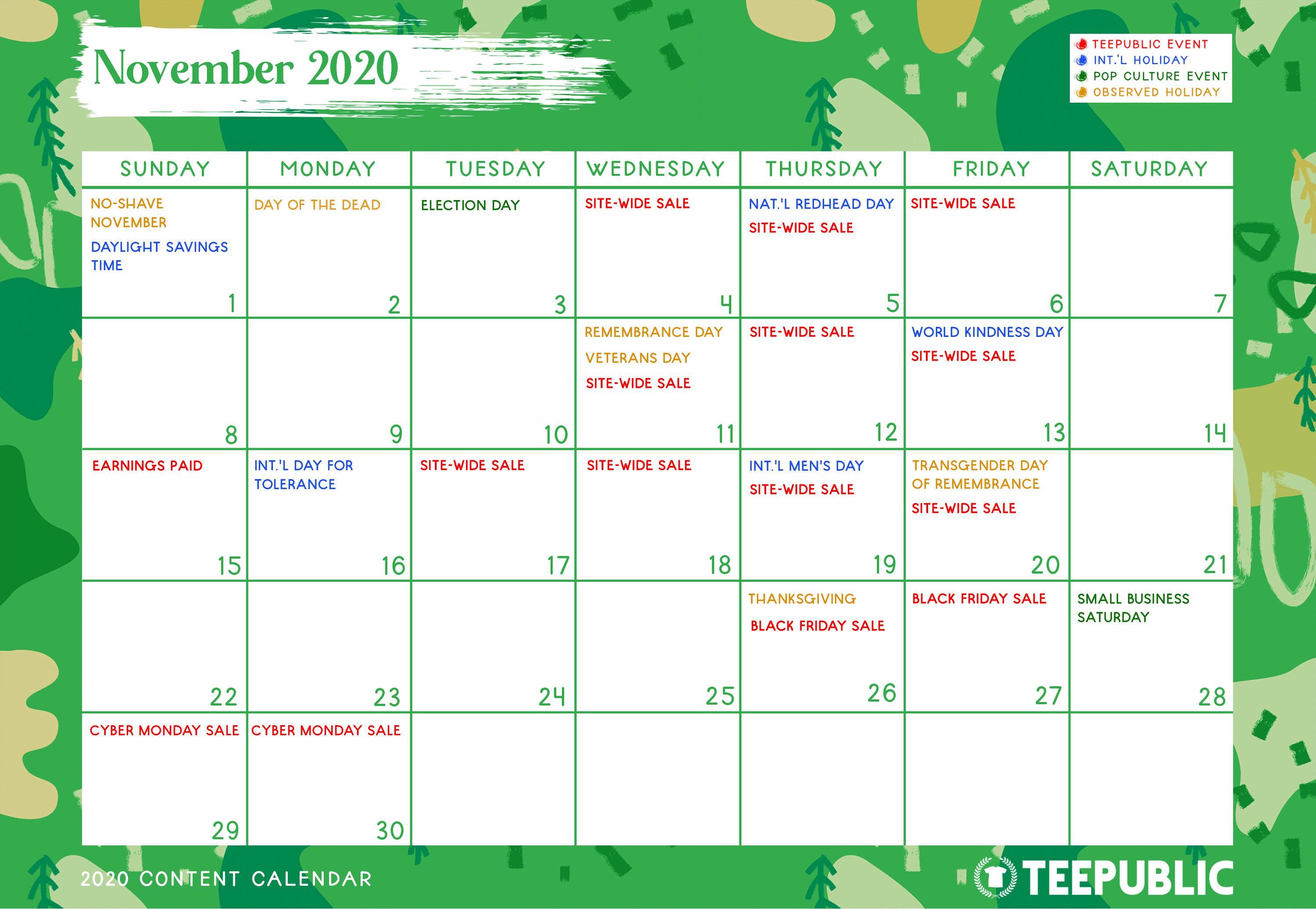 November Content Calendar TeePublic TeePublic