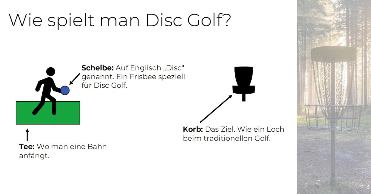 A powerpoint slide explaining disc golf basics in German