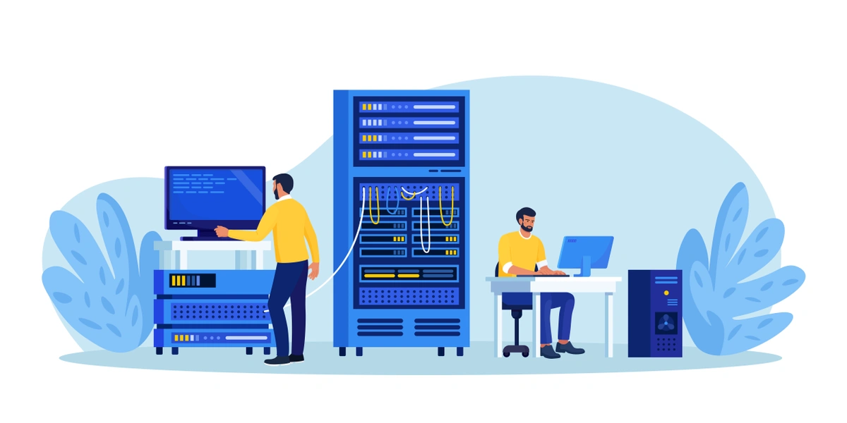 A graphic of a system administrator working at a workstation with multiple computer screens displaying code and a server rack in the background, symbolizing network management tasks.