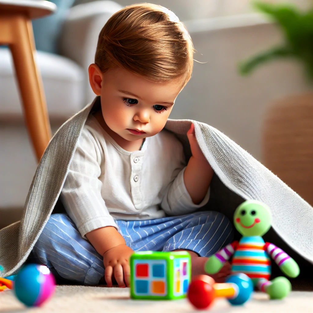 DALL·E 2025-02-13 13.56.03 - A 14-month-old baby sitting on the floor, looking uninterested as a toy is hidden under a blanket. The baby does not attempt to find the toy, showing .webp