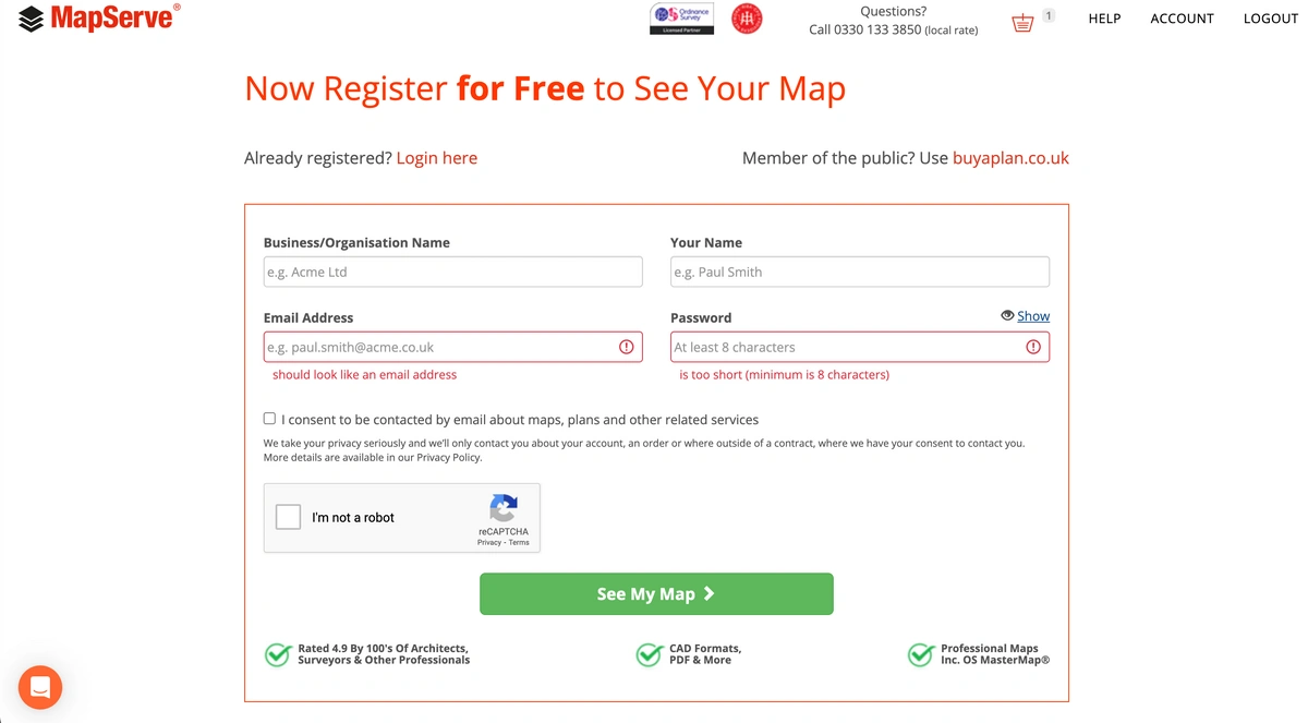 MapServe® Registration page 