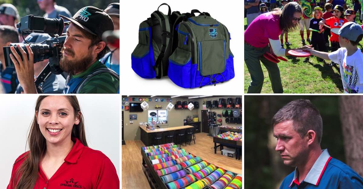 Photos of people in disc golf jobs as well as a disc golf store and a disc golf bags