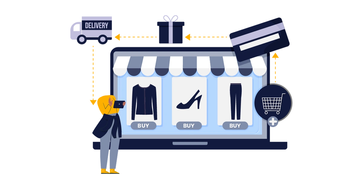 An illustration of a customer making a purchase from an online storefront and having it delivered