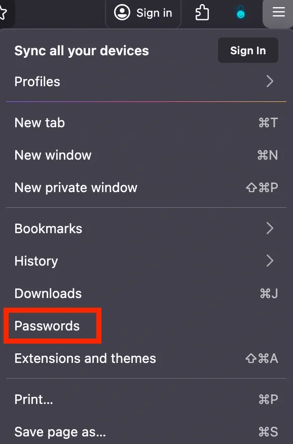 Firefox browser menu with a red box highlighting where Password is located