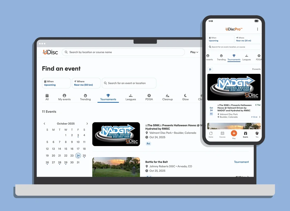 Map with list of disc golf events next to it