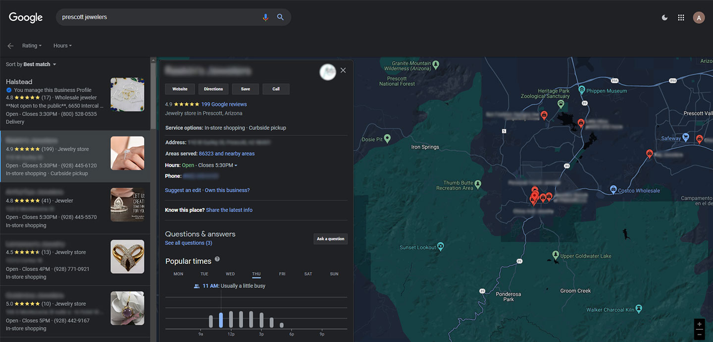 Screenshot of Google Maps with business profiles