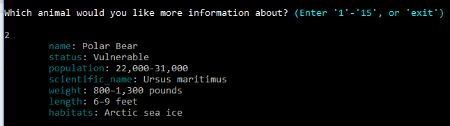 Animal attributes displayed in terminal