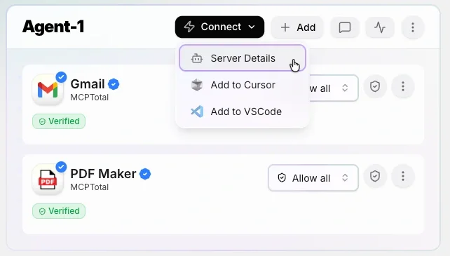 Screenshot shows the agent-1 space with the connect menu open and the server details option highlighted.