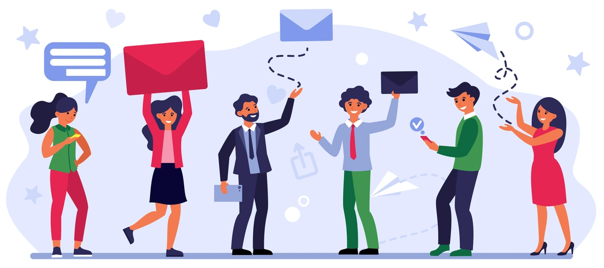 Flat illustration of people using different forms of communication, including texting, email, and paper mail, with digital icons and paper airplanes.