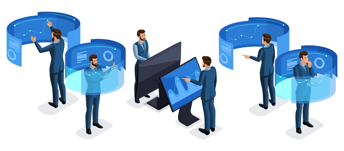 Isometric view of businessmen interacting with virtual interfaces, illustrating modern corporate analytics and strategy planning.