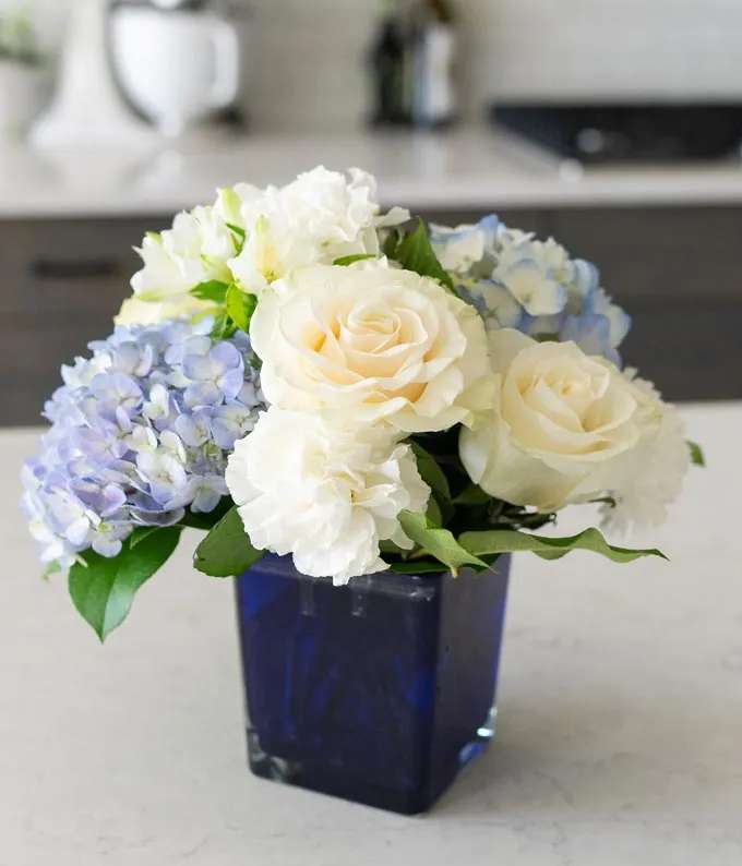 blue and white flower bouquet