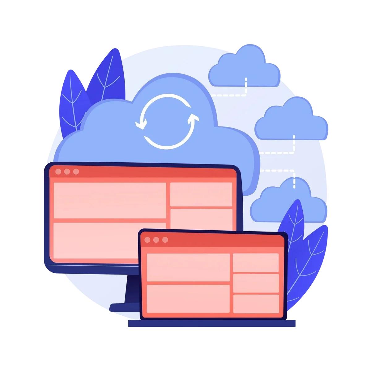 Cloud data synchronization between multiple devices with illustrated cloud computing interface.