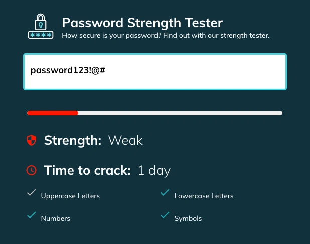 The password strength tester shows that 'password123!@#' is not a strong password. 