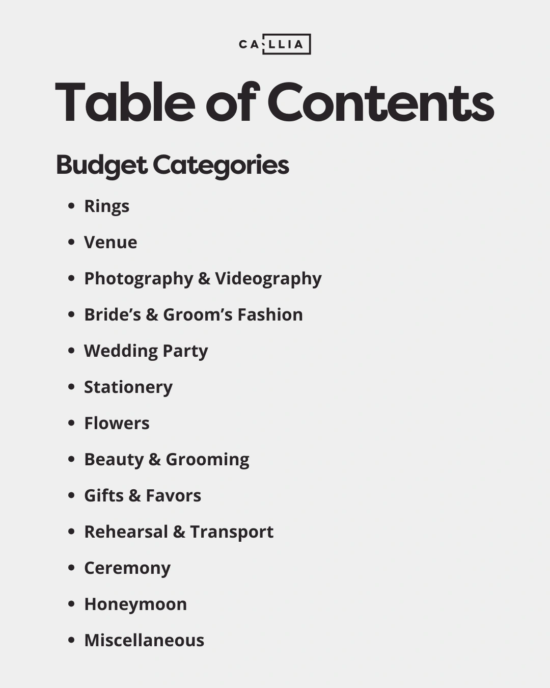 Table of content outlining expense categories included in a wedding budget template.