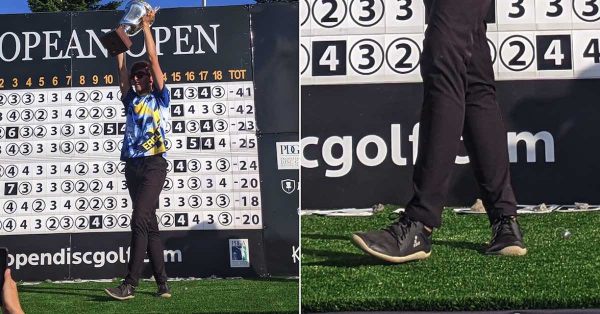 Two photos: One of a young man holding a trophy on stage in front of a disc golf scoreboard. The second a close-up of the man's shoes.