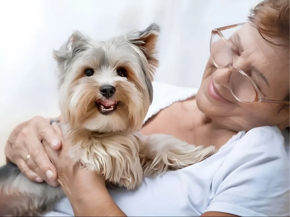 Older woman with round glasses cuddling a Yorkshire Terrier against a clean white background