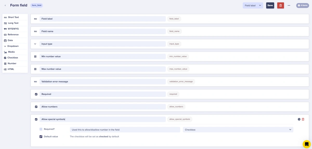 ButterCMS Form Field collection schema