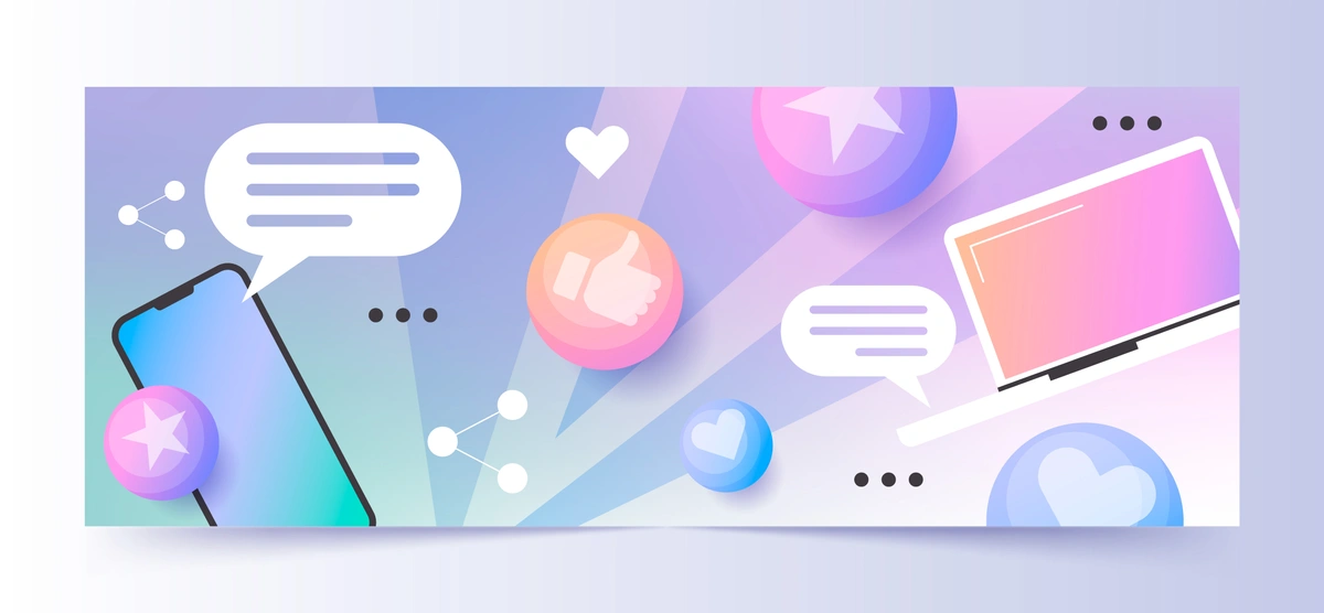 A banner-like illustration with a vibrant color palette featuring a smartphone, speech bubbles, likes, and a laptop, symbolizing social media engagement and digital communication.