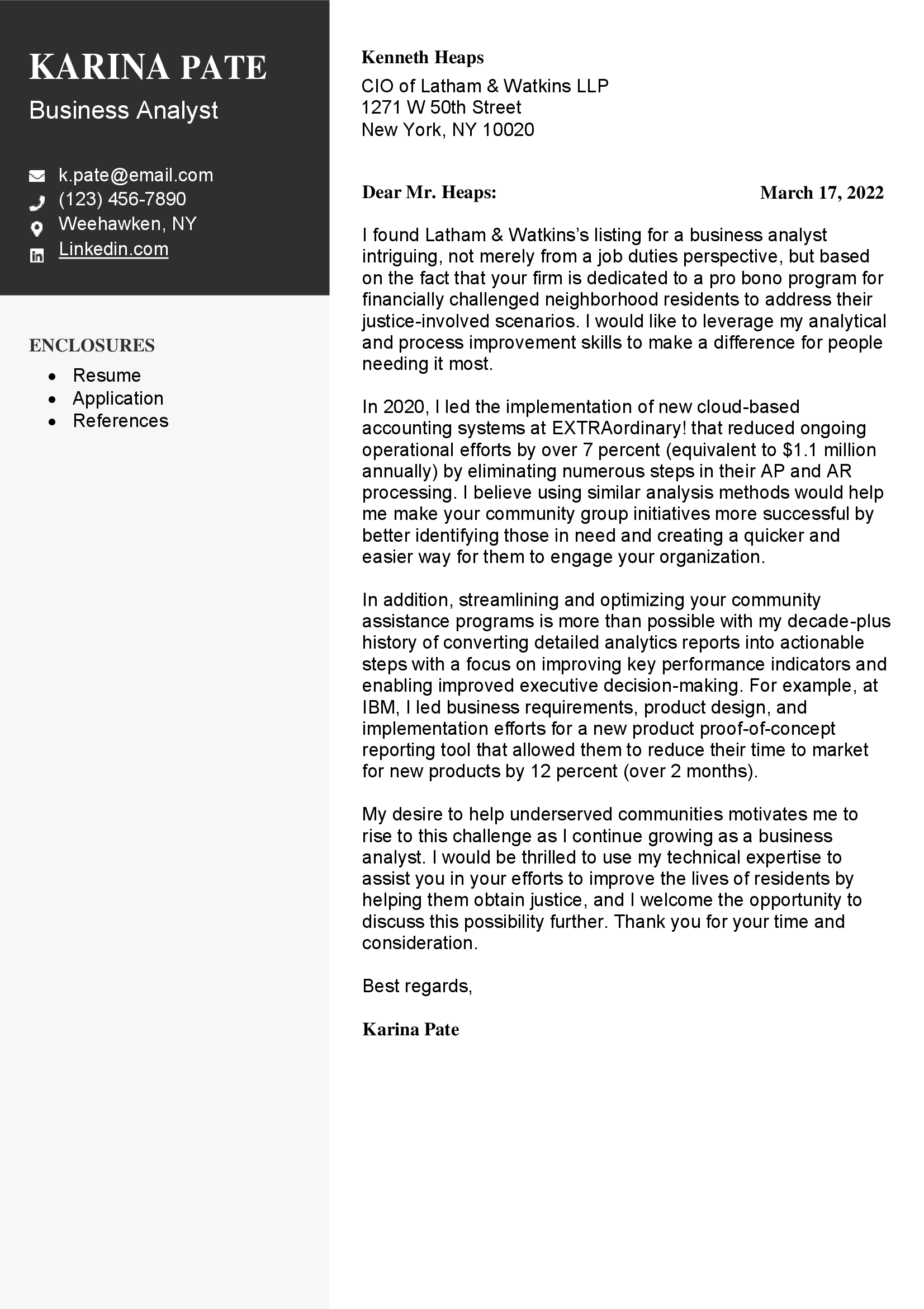 Business analyst cover letter with black contact header